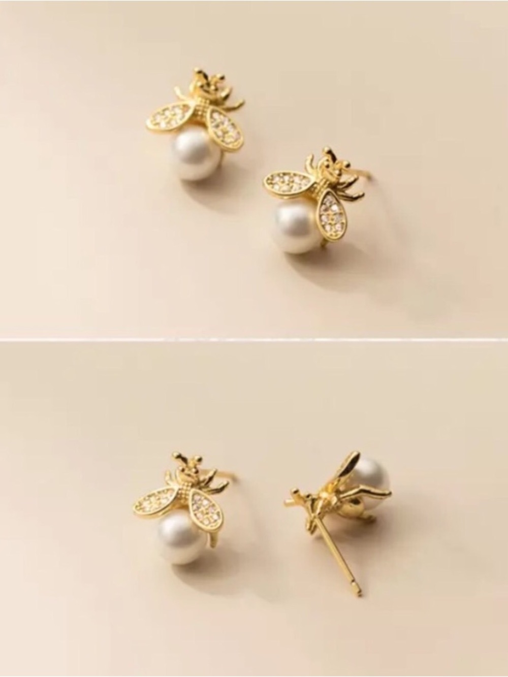 Gold Tone Bee Pearl Earrings - Picture 4 of 8